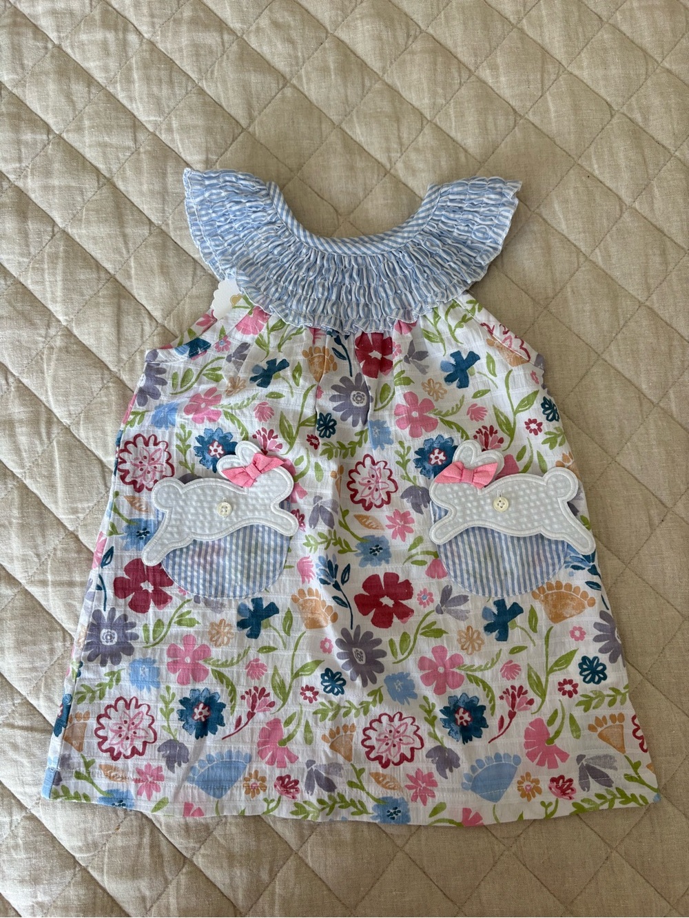 Mud Pie White Floral Dress with Blue Smocked Collar and Bunny Pockets